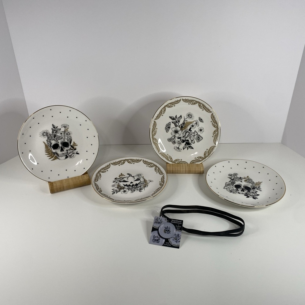 Woodland Halloween Plate set of 4 Skulls Pumpkin Mushrooms with Real Gold Trim